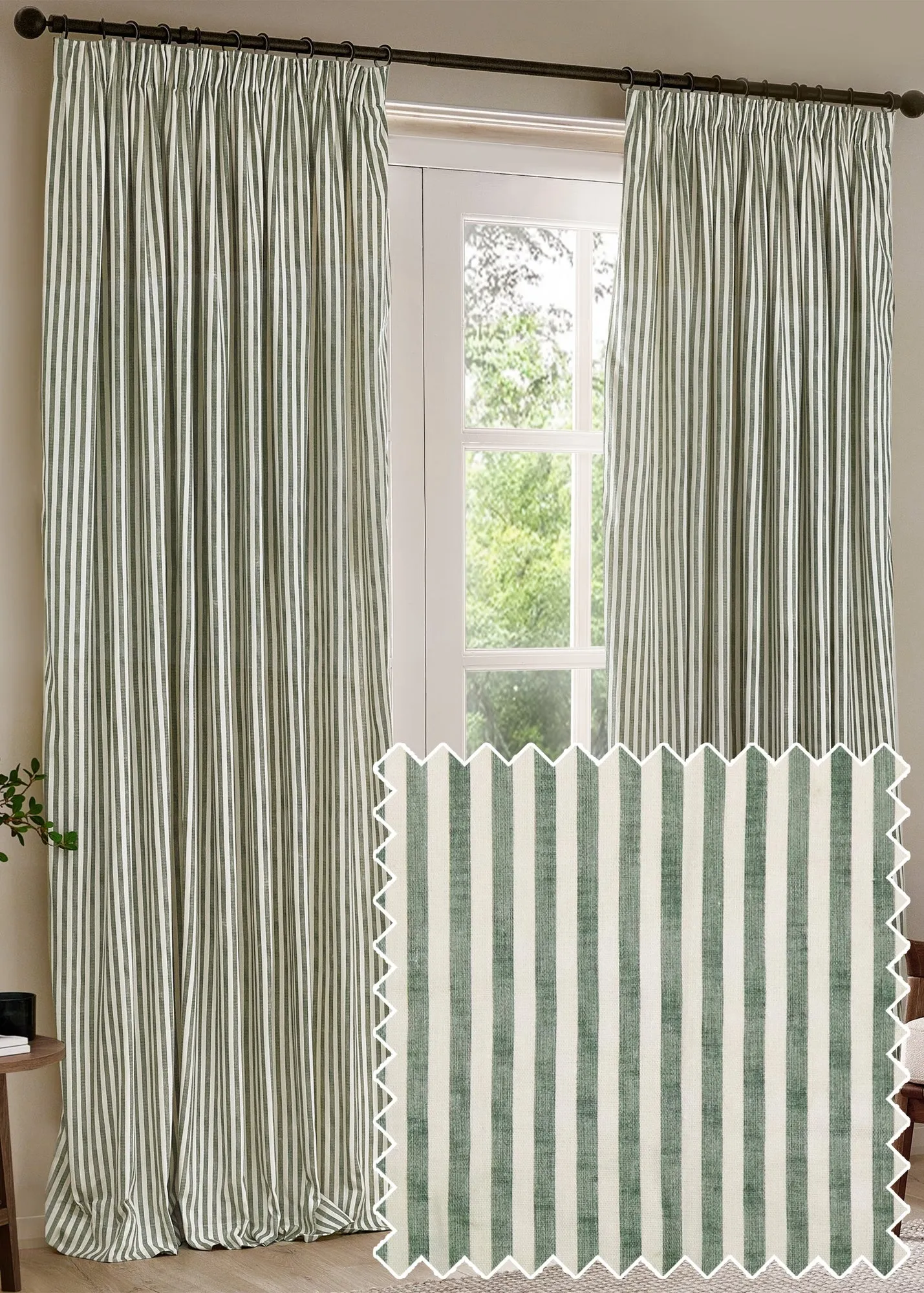 Hebden Stripe Pencil Pleat Curtains - Green, Cotton product