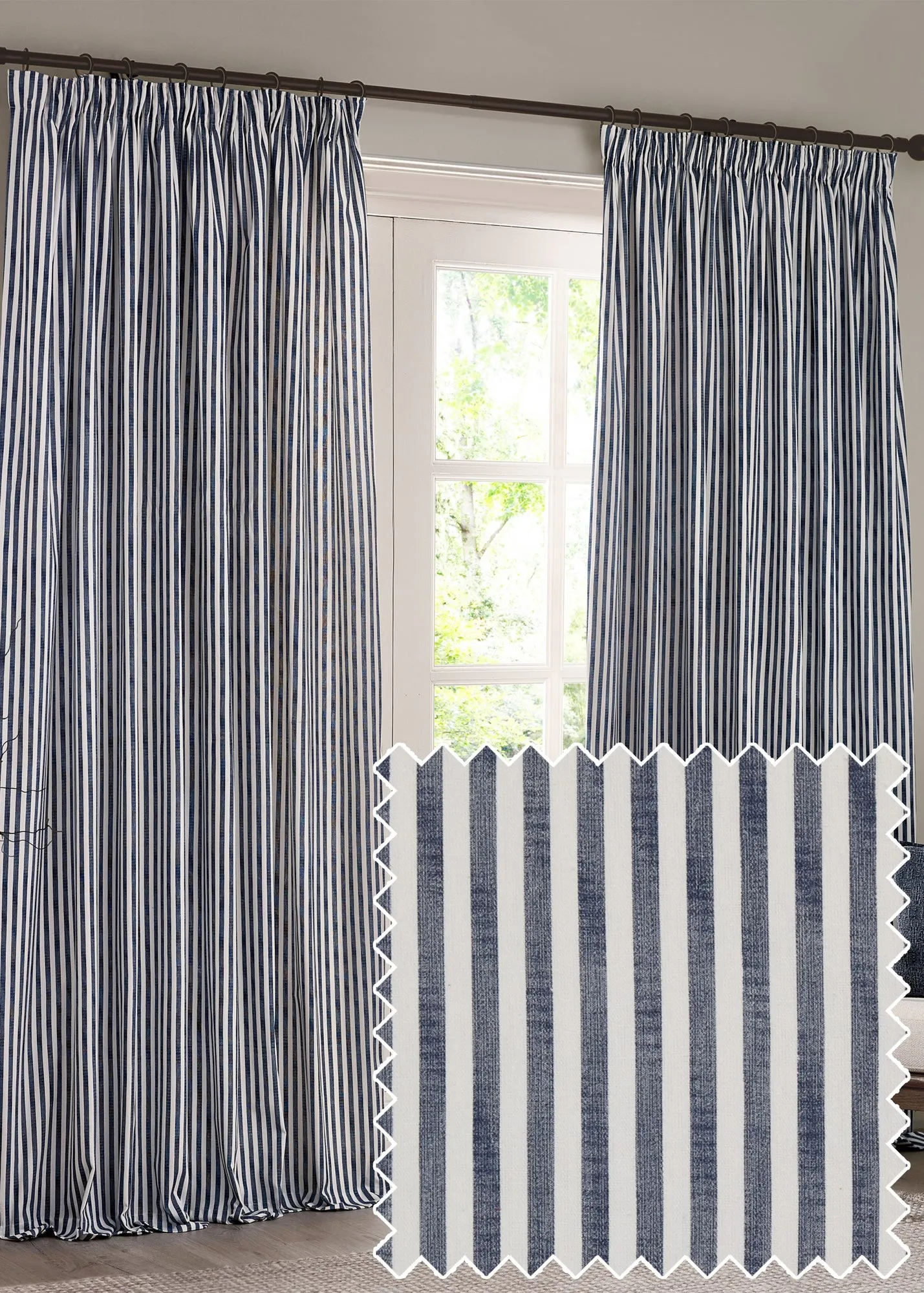 Hebden Stripe Pencil Pleat Curtains - Navy, Cotton product