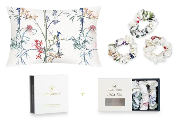 Hummingbird Standard Pillowcase and Scrunchies Gift Set - Mulberry Silk product