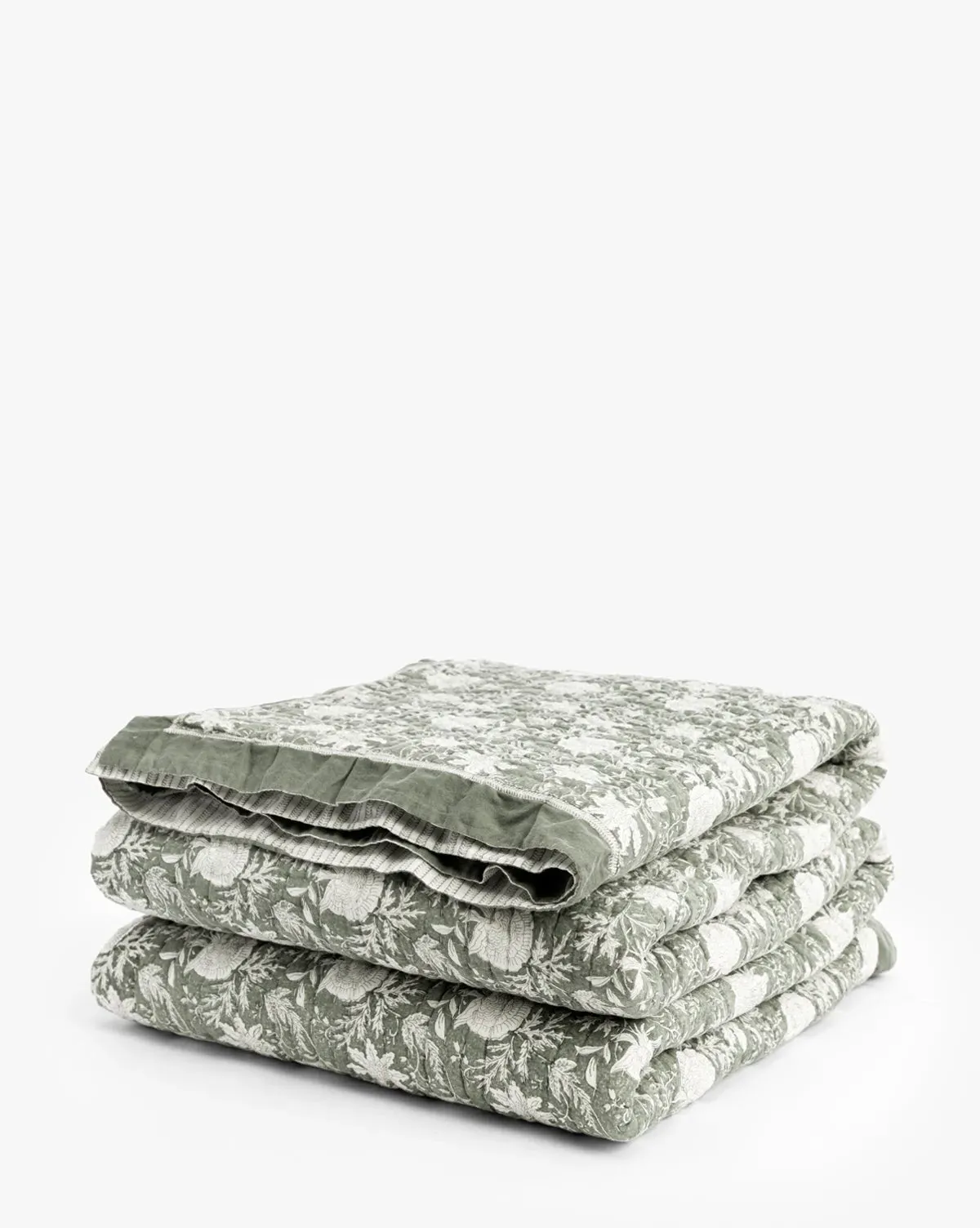 Audrey Sage Block Print Full/Queen Quilt with Ruffle Edge - Green product