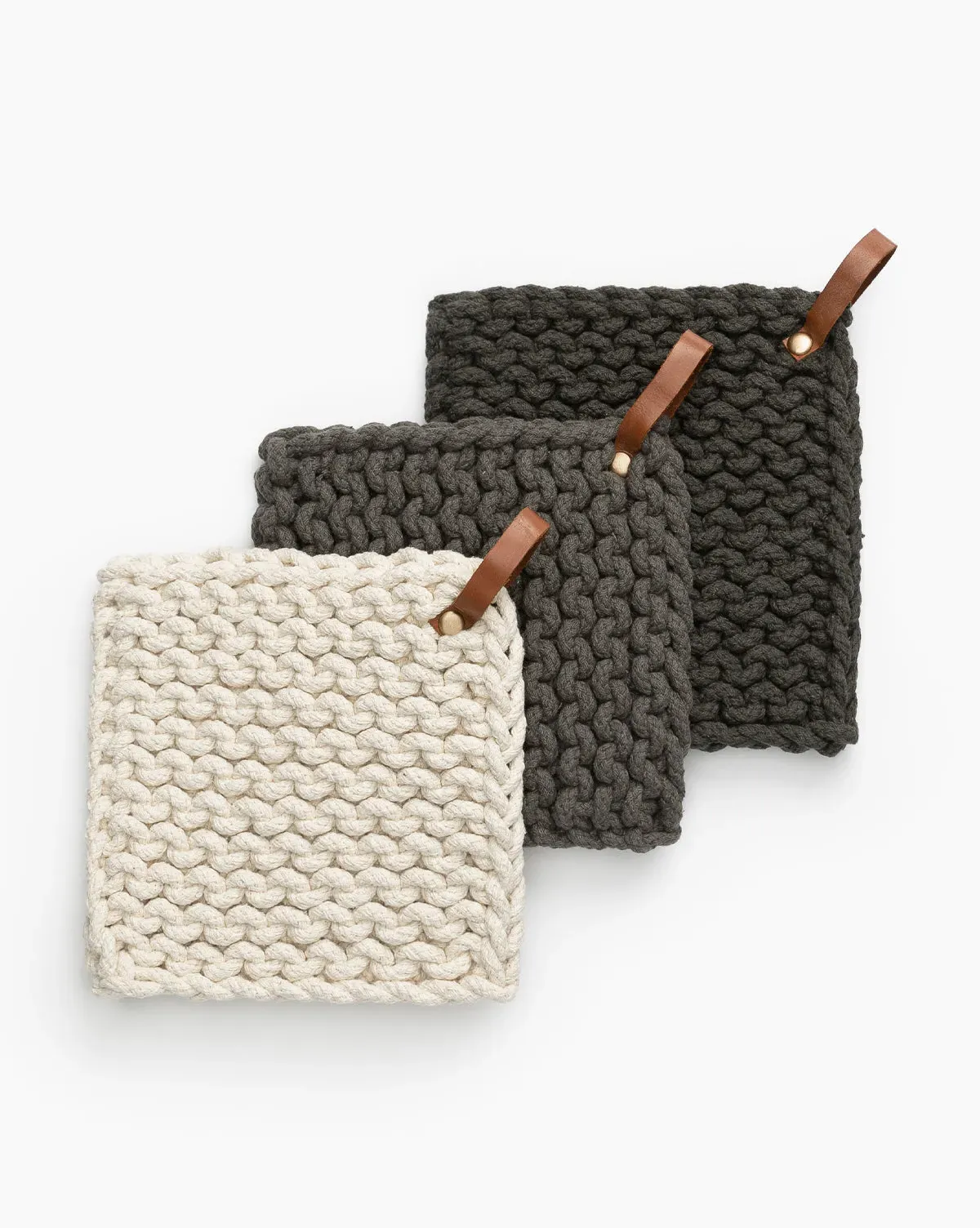 Leather Handled Crochet Pot Holder Set of 3 product