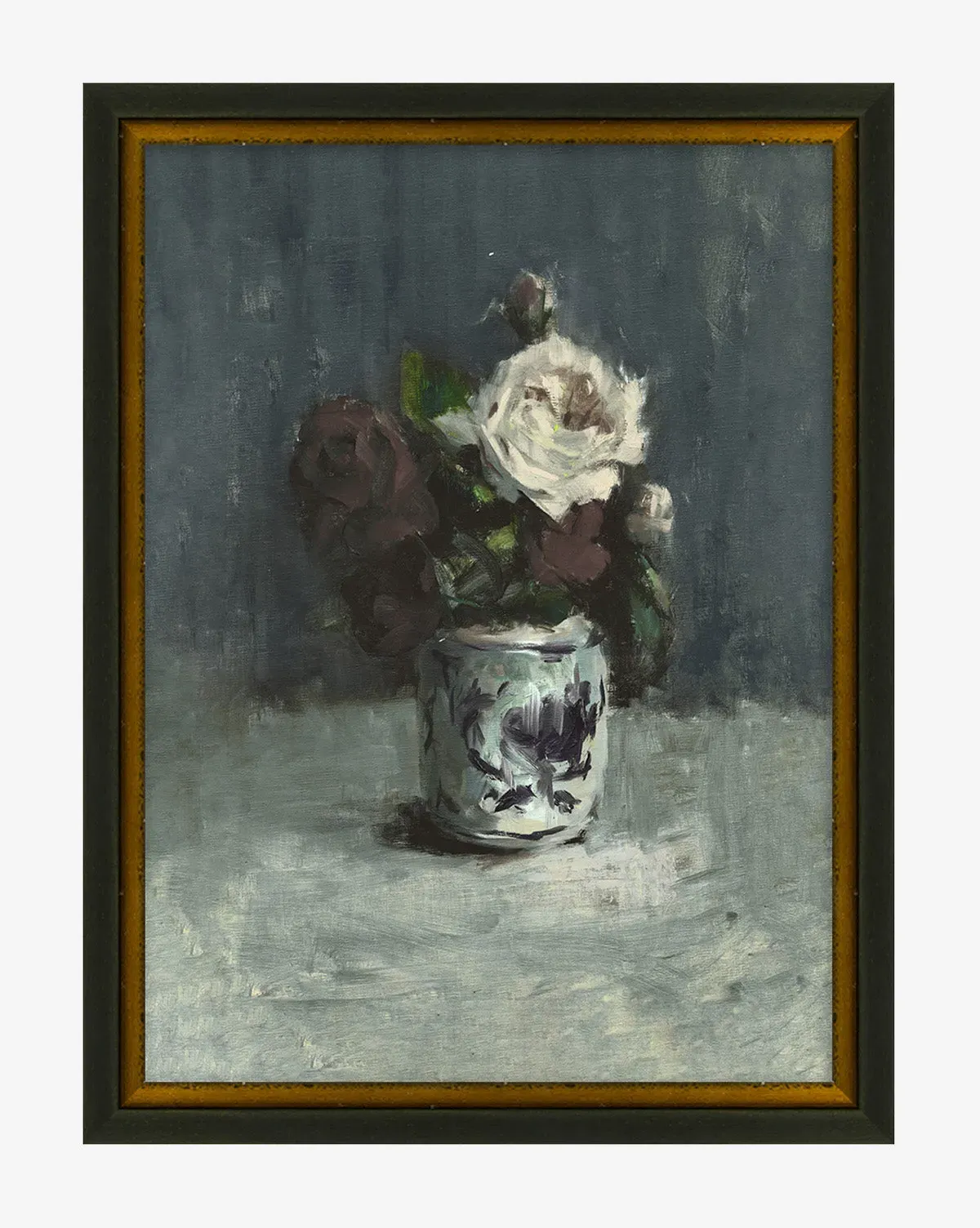 Roses Still Life Framed Print - Cream, Blue, Burgundy product