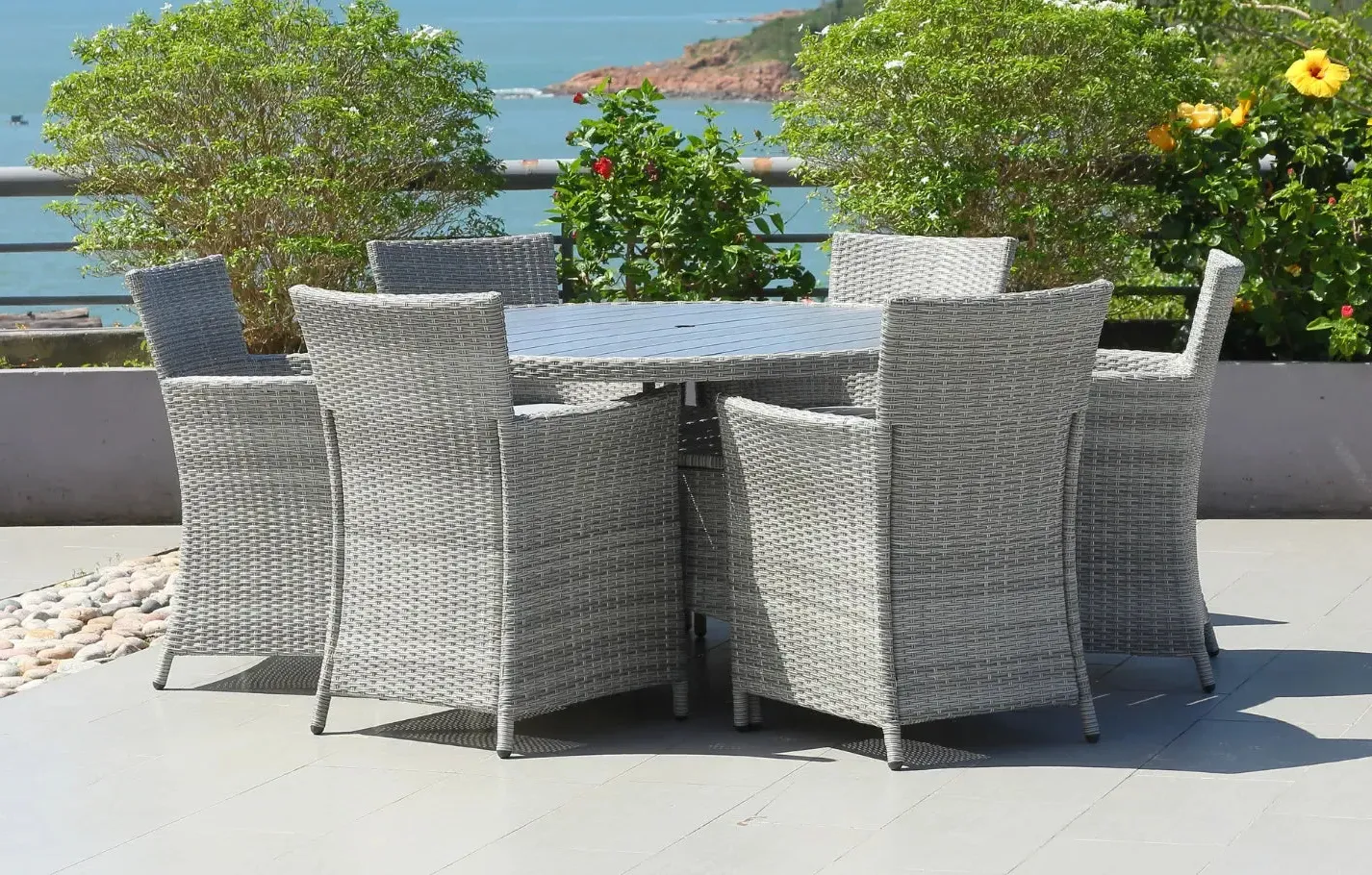 Bridgetown 6-Seater Round Garden Dining Set - Grey, Rattan & Polywood product