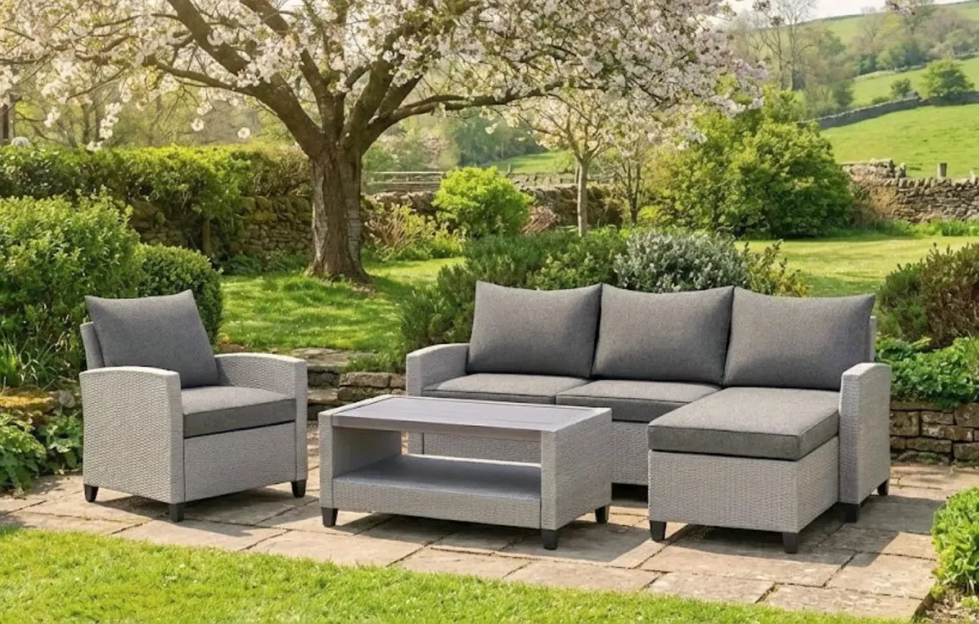 Stockholm 4-Seater Garden Chaise Lounge & Armchair Set - Grey, Polyrattan product