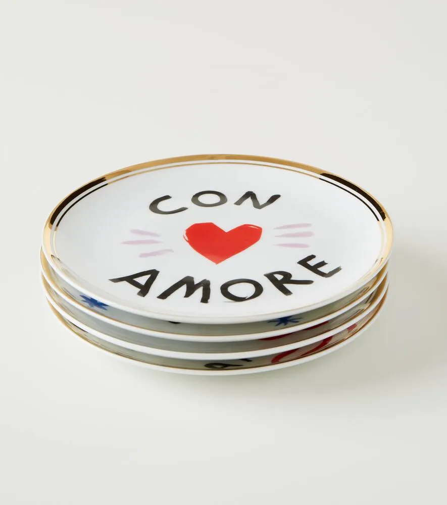 Love Set of 4 Porcelain Dessert Plates - Multicolor, Gold