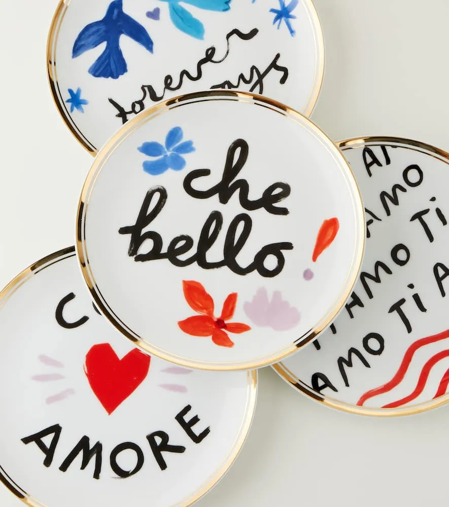 Love Set of 4 Porcelain Dessert Plates - Multicolor, Gold