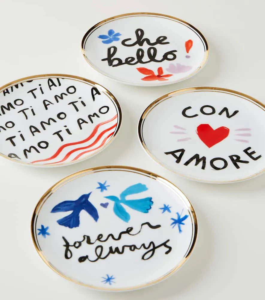 Love Set of 4 Porcelain Dessert Plates - Multicolor, Gold image