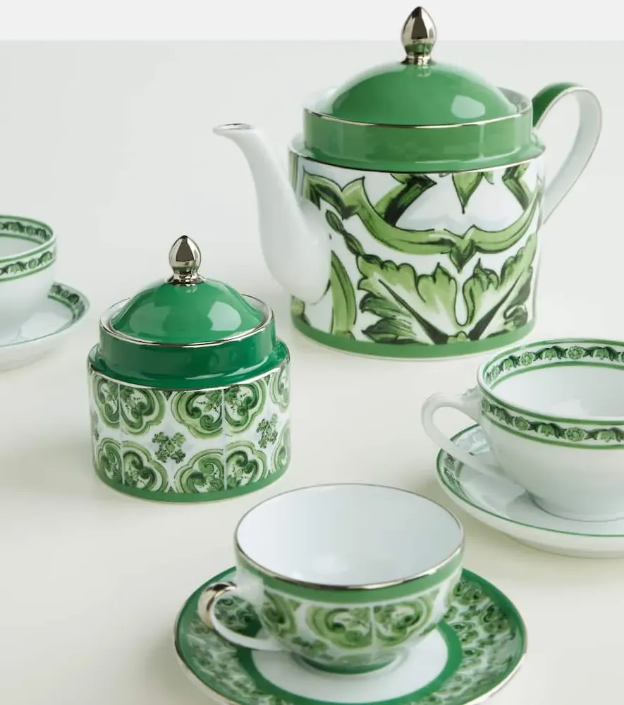 Majolica Set of 2 Teacups and Saucers - Green, Porcelain