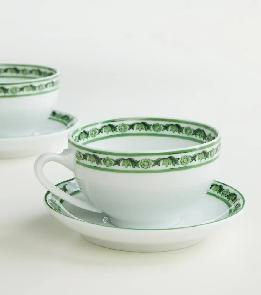 Majolica Set of 2 Teacups and Saucers - Green, Porcelain