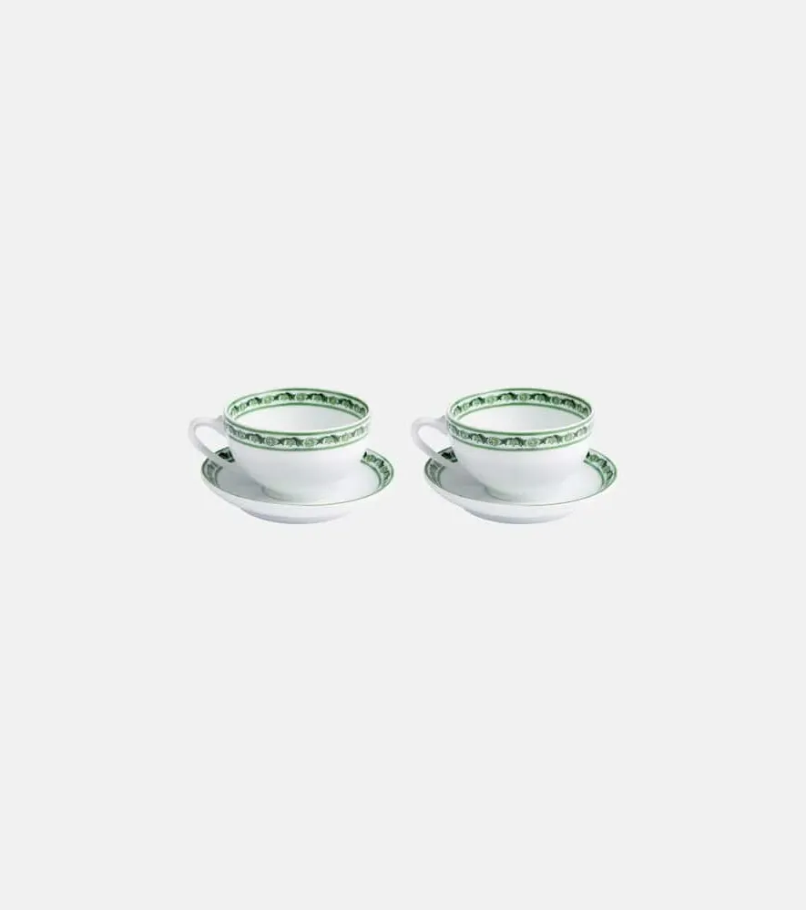 Majolica Set of 2 Teacups and Saucers - Green, Porcelain