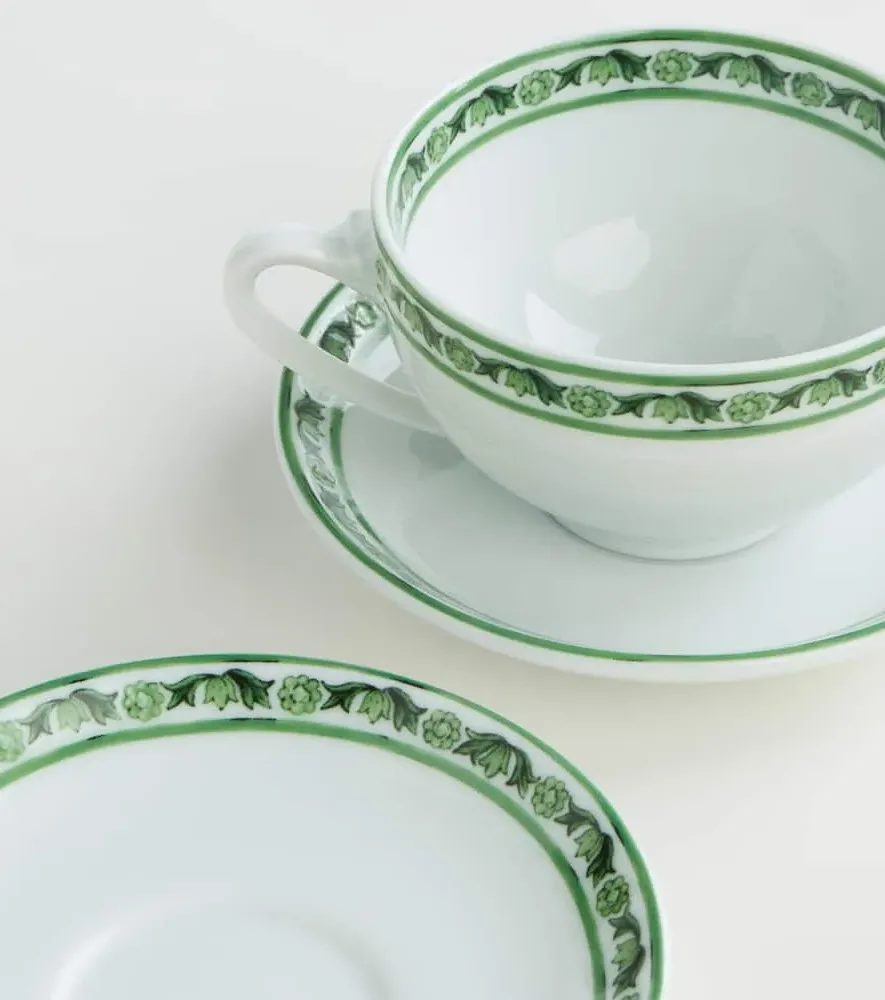 Majolica Set of 2 Teacups and Saucers - Green, Porcelain