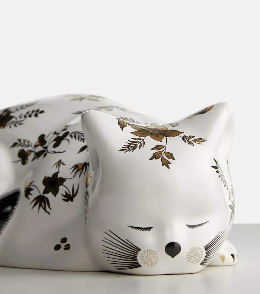 Cat Floral Ceramic Decorative Object - White, Gold