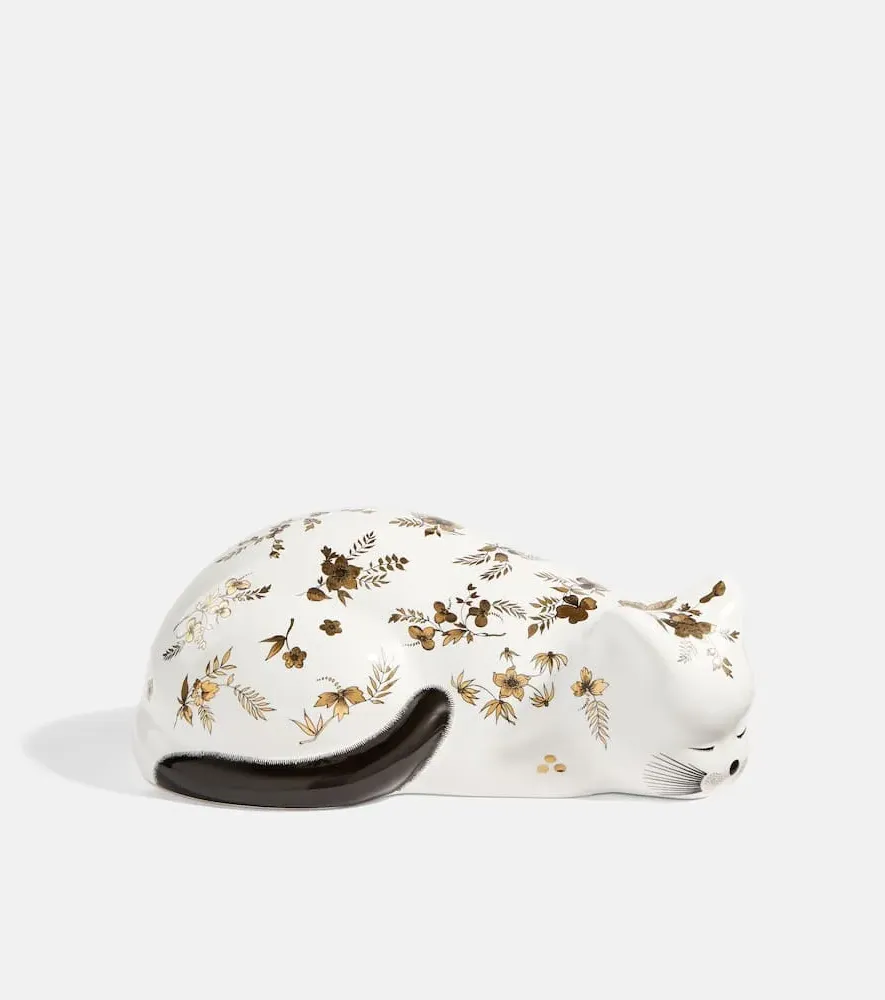 Cat Floral Ceramic Decorative Object - White, Gold