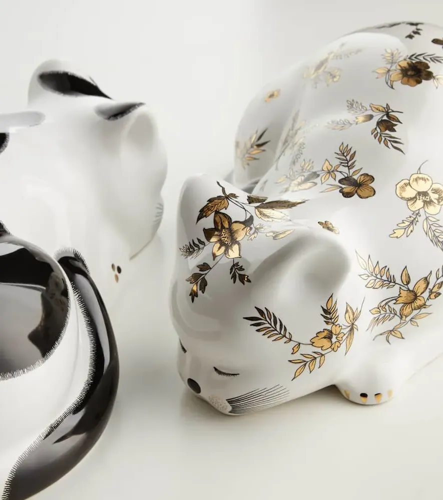 Cat Floral Ceramic Decorative Object - White, Gold