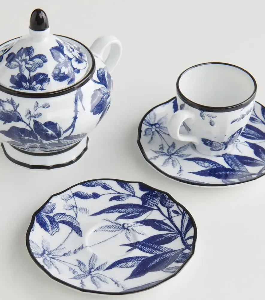 Herbarium Teacup and Saucer Set - Blue, Porcelain