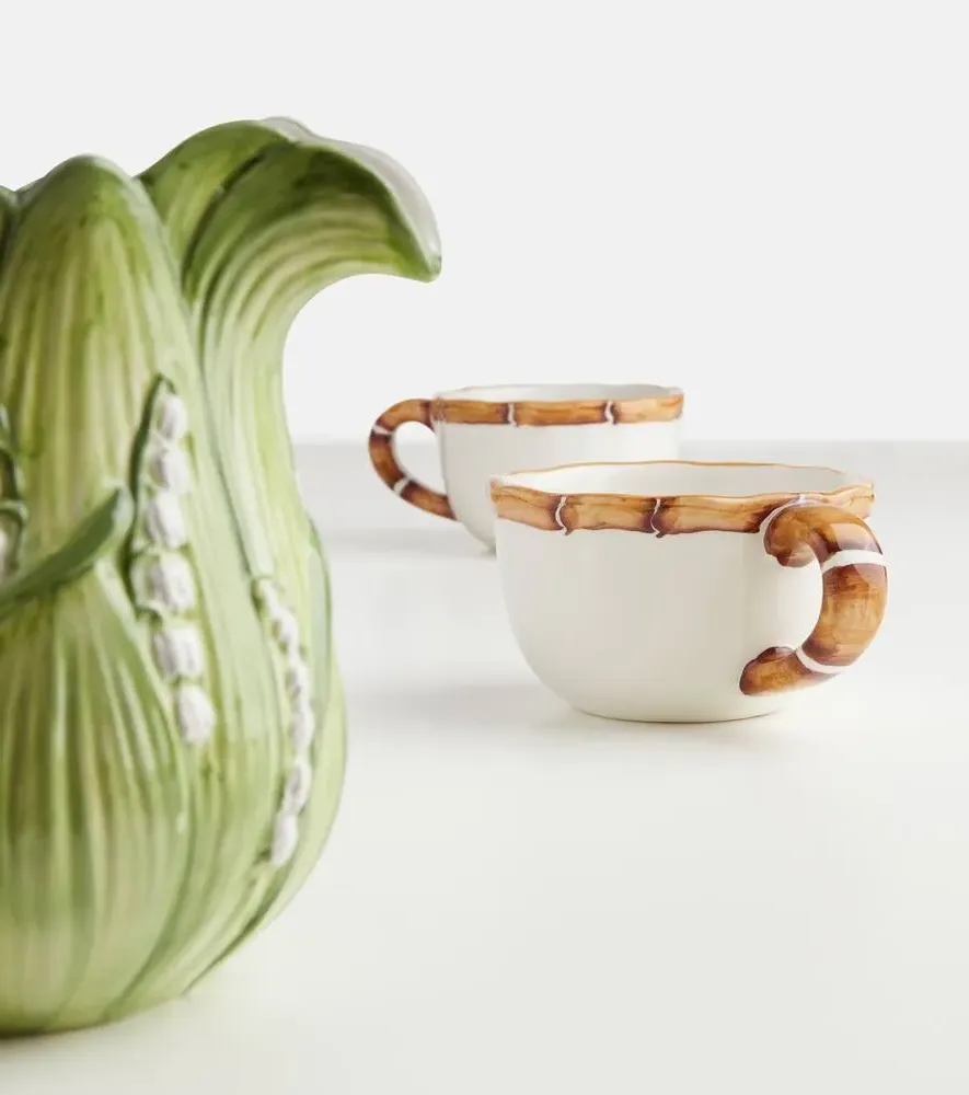 Bamboo Set of 2 Cappuccino Cups - White, Ceramic