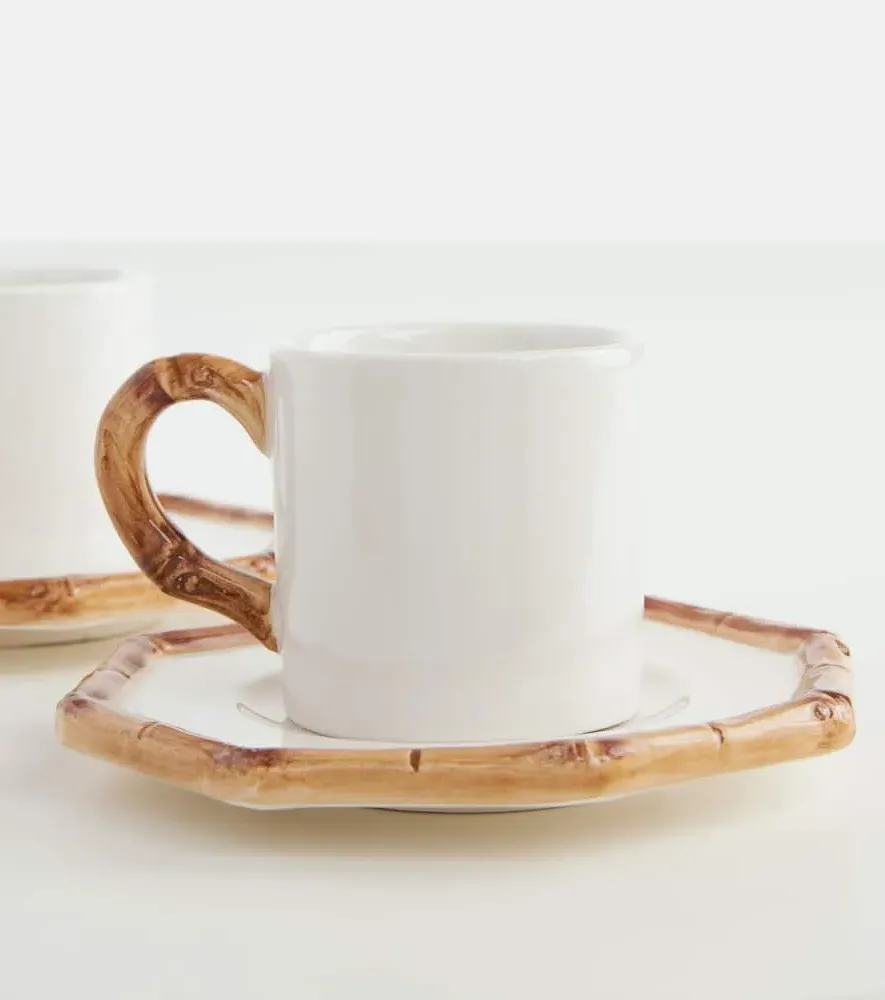 Bamboo Set of 2 Espresso Cups and Saucers - White, Ceramic