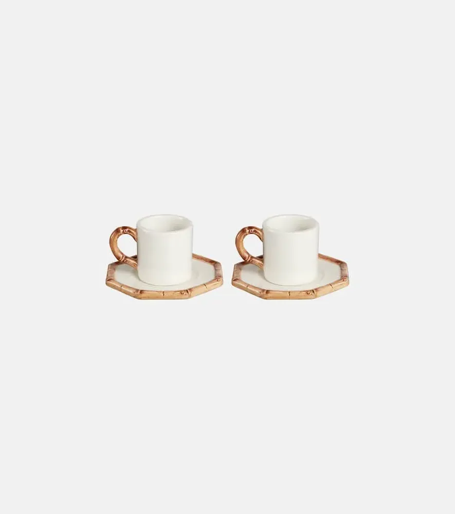 Bamboo Set of 2 Espresso Cups and Saucers - White, Ceramic