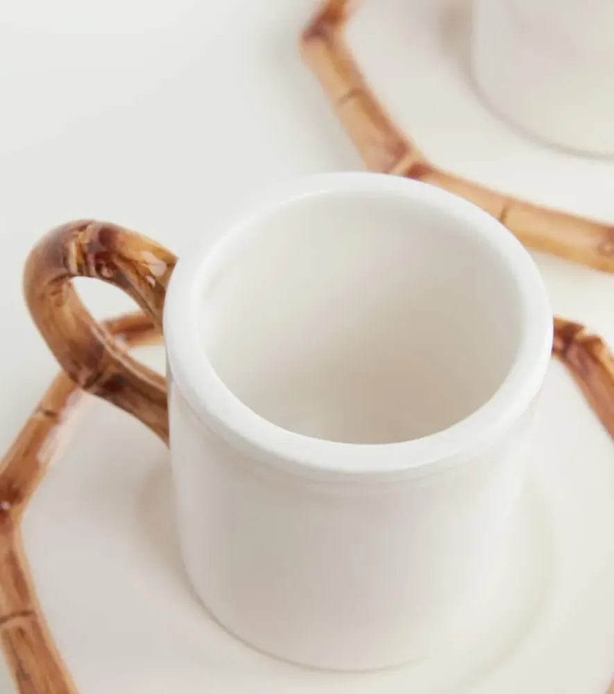 Bamboo Set of 2 Espresso Cups and Saucers - White, Ceramic image