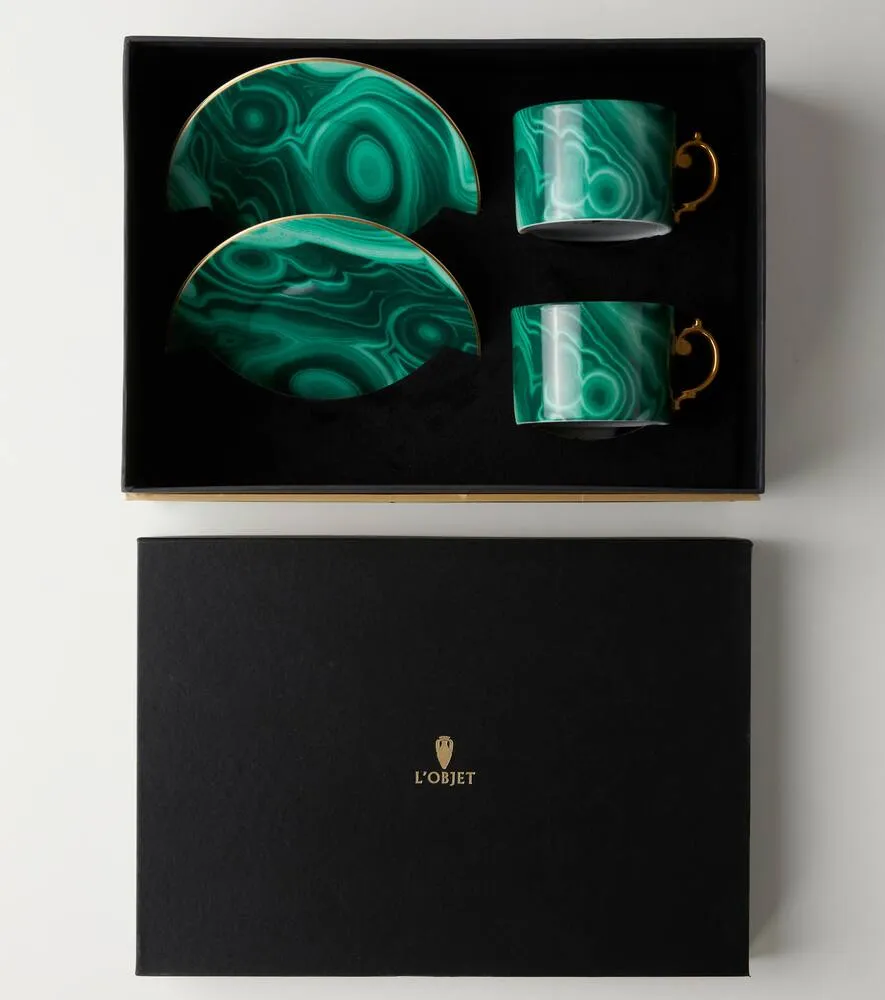 Malachite Set of 2 Teacups and Saucers - Green, Porcelain