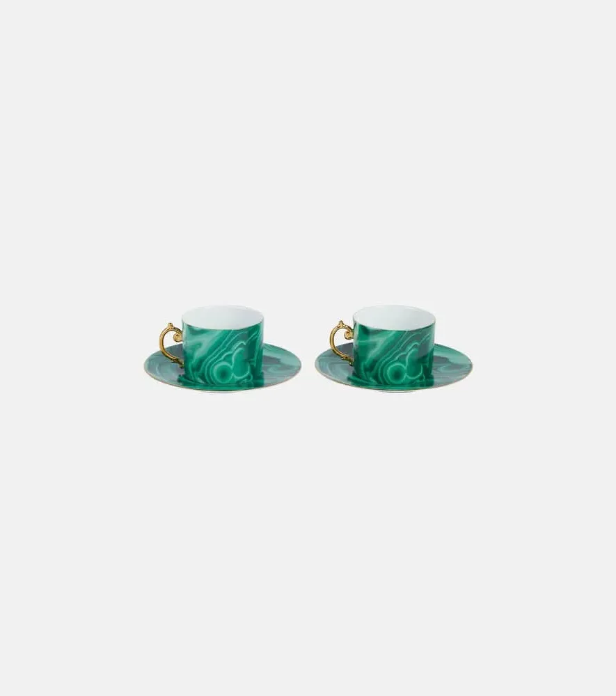 Malachite Set of 2 Teacups and Saucers - Green, Porcelain