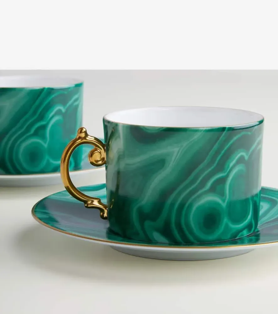 Malachite Set of 2 Teacups and Saucers - Green, Porcelain image