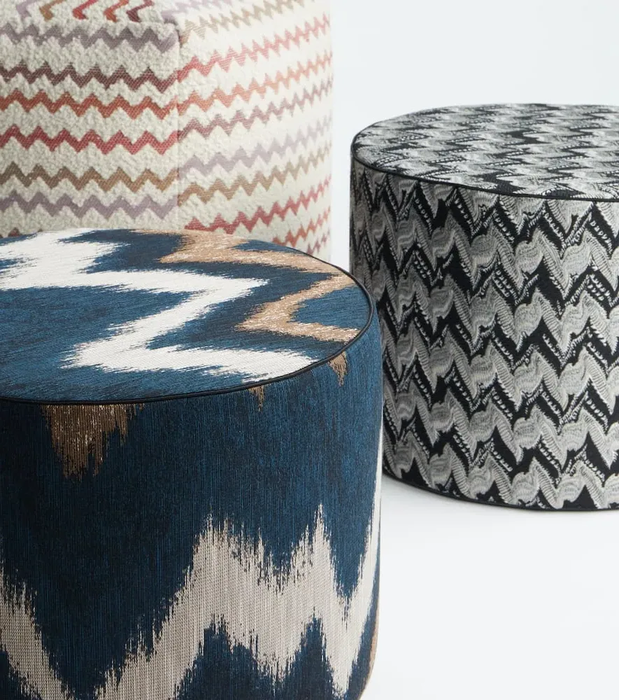 Ikat Zigzag Pouf - Blue Multicolor, Fabric