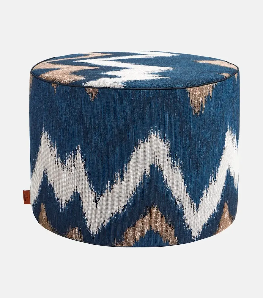 Ikat Zigzag Pouf - Blue Multicolor, Fabric