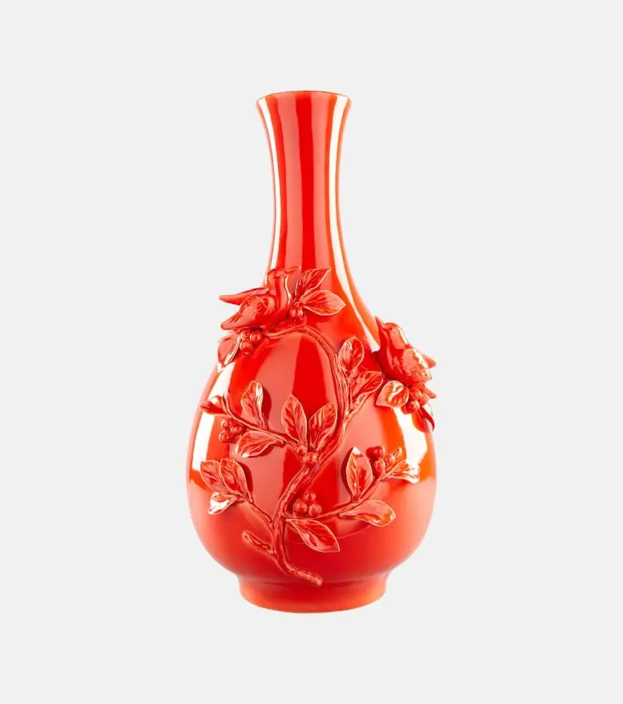 3D Birds Porcelain Vase - Orange, Ceramic
