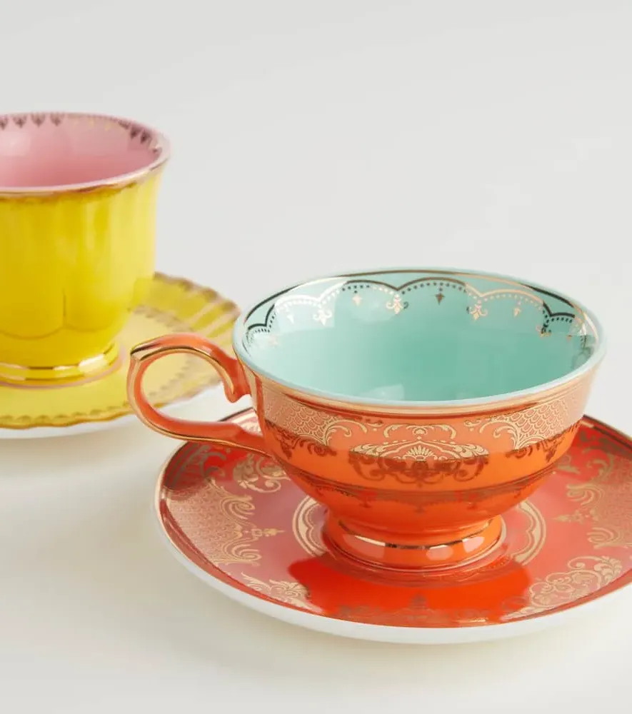 Grandpa Set of 4 Teacups and Saucers - Multicolor, Porcelain