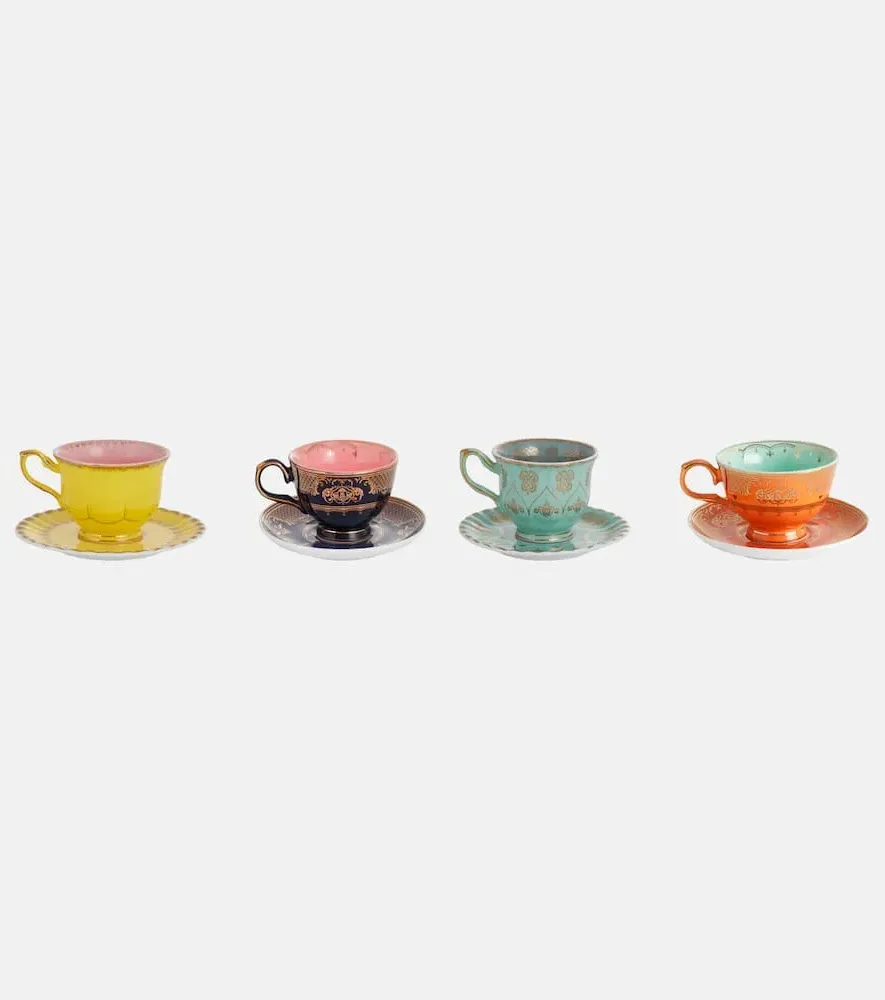 Grandpa Set of 4 Teacups and Saucers - Multicolor, Porcelain