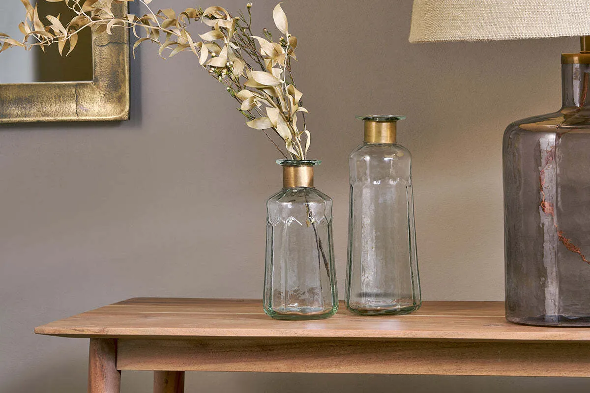 Chara Small Hammered Bottle Vase - Antique Brass, Clear Glass product