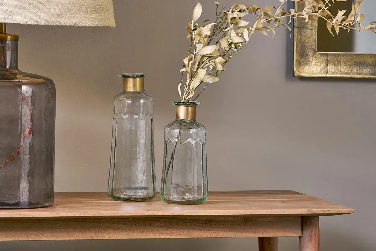 Chara Large Hammered Bottle Vase - Clear Glass, Antique Brass