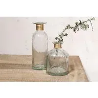 Chara Small Hammered Bottle Vase - Clear Glass, Antique Brass