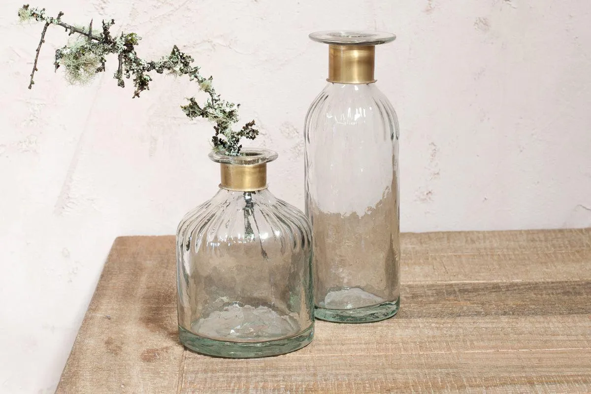 Chara Small Hammered Bottle Vase - Clear Glass, Antique Brass