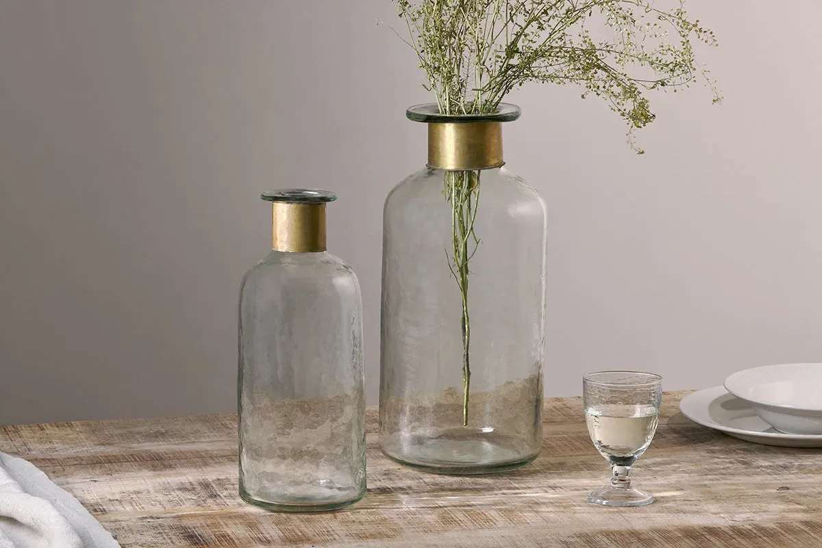 Chara Small Hammered Bottle Vase - Clear Glass, Antique Brass