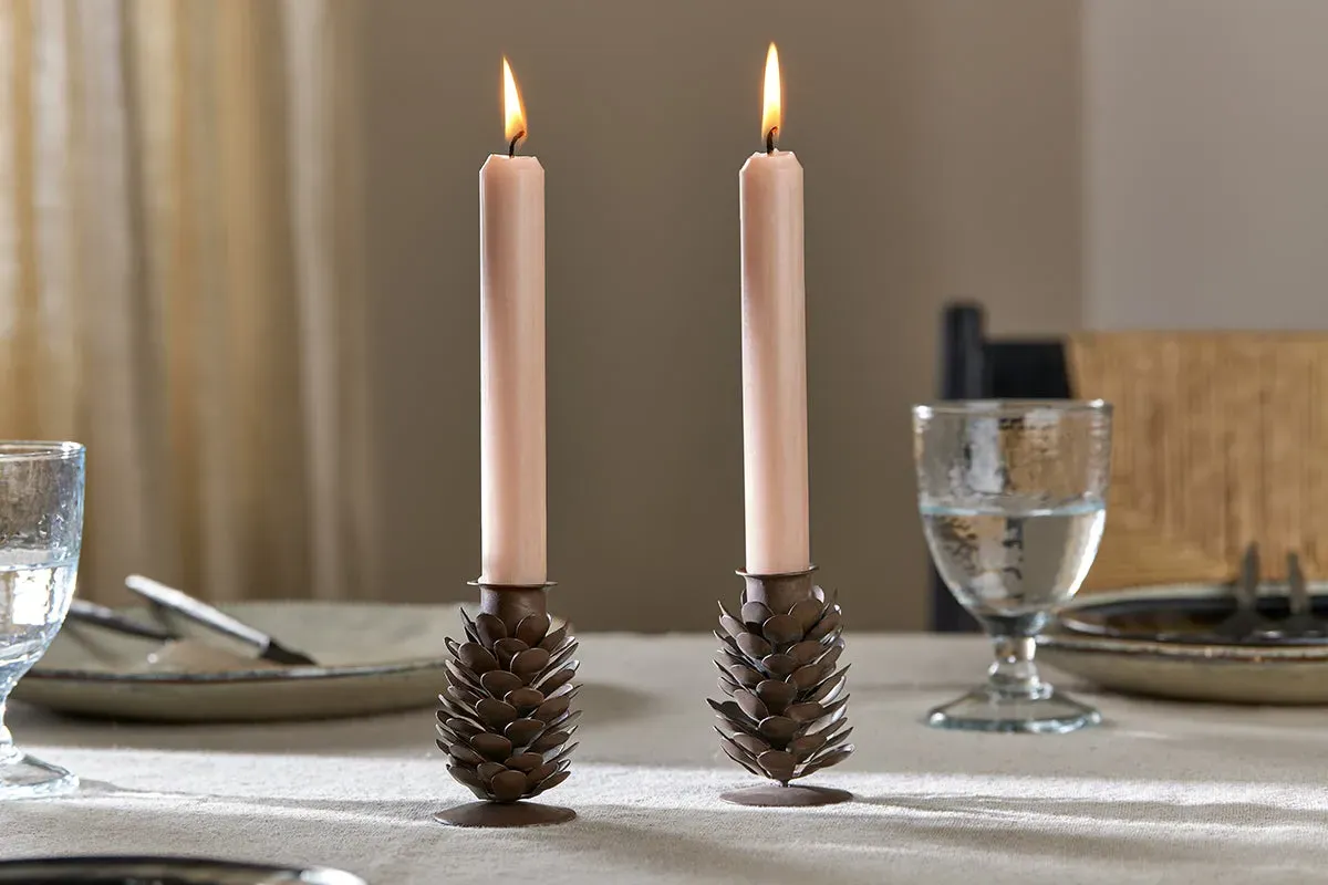 Elagalu Pine Cone Candle Stick Set Of 2 - Aged Brass