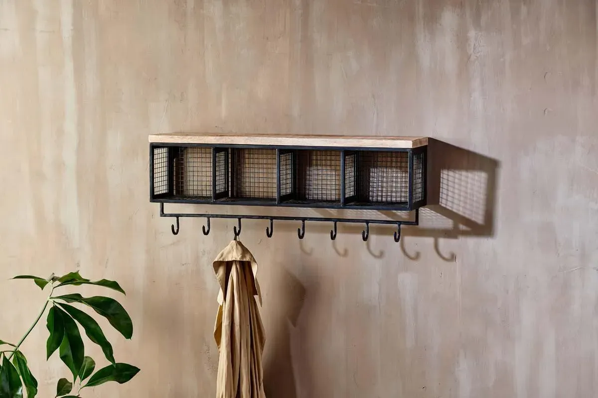 Hasa Cubby Shelf with Hooks - Black, Mango Wood image