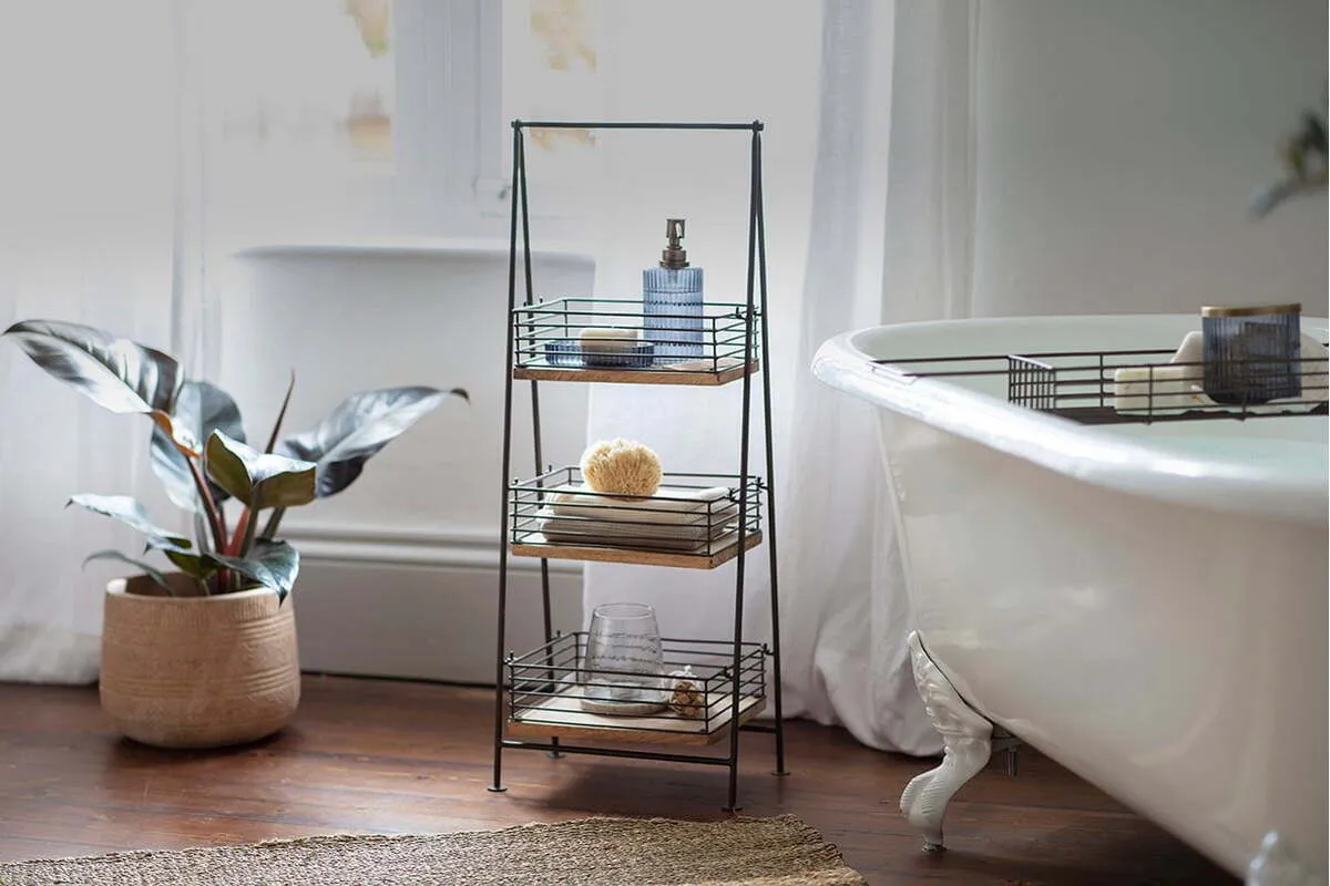 Indore 3-Shelf Storage Caddy - Aged Brass, Mango Wood product