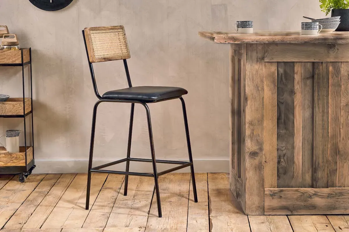 Iswa Leather & Cane Counter Chair - Aged Black