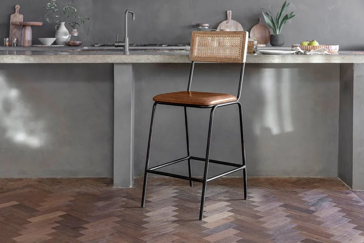 Iswa Leather & Cane Counter Chair - Aged Tan