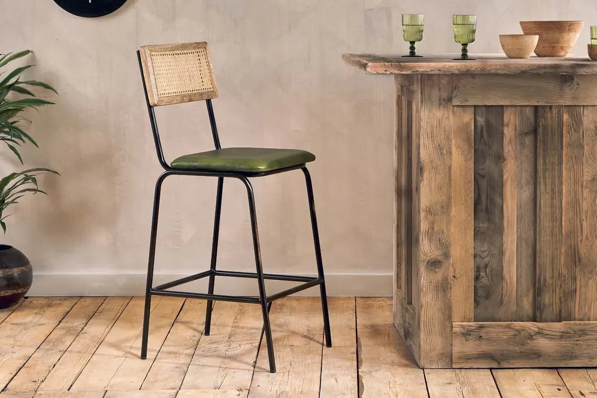 Iswa Leather & Cane Counter Dining Chair - Rich Green