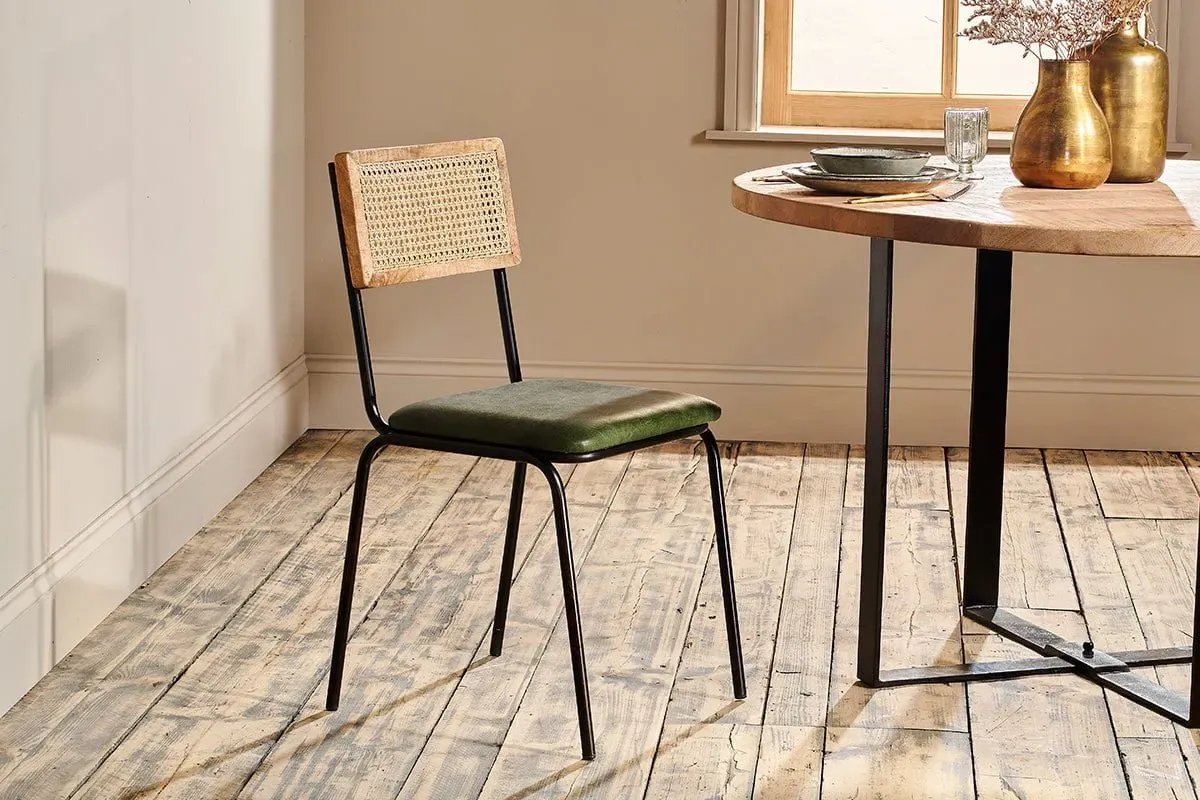 Iswa Leather & Cane Dining Chair - Green