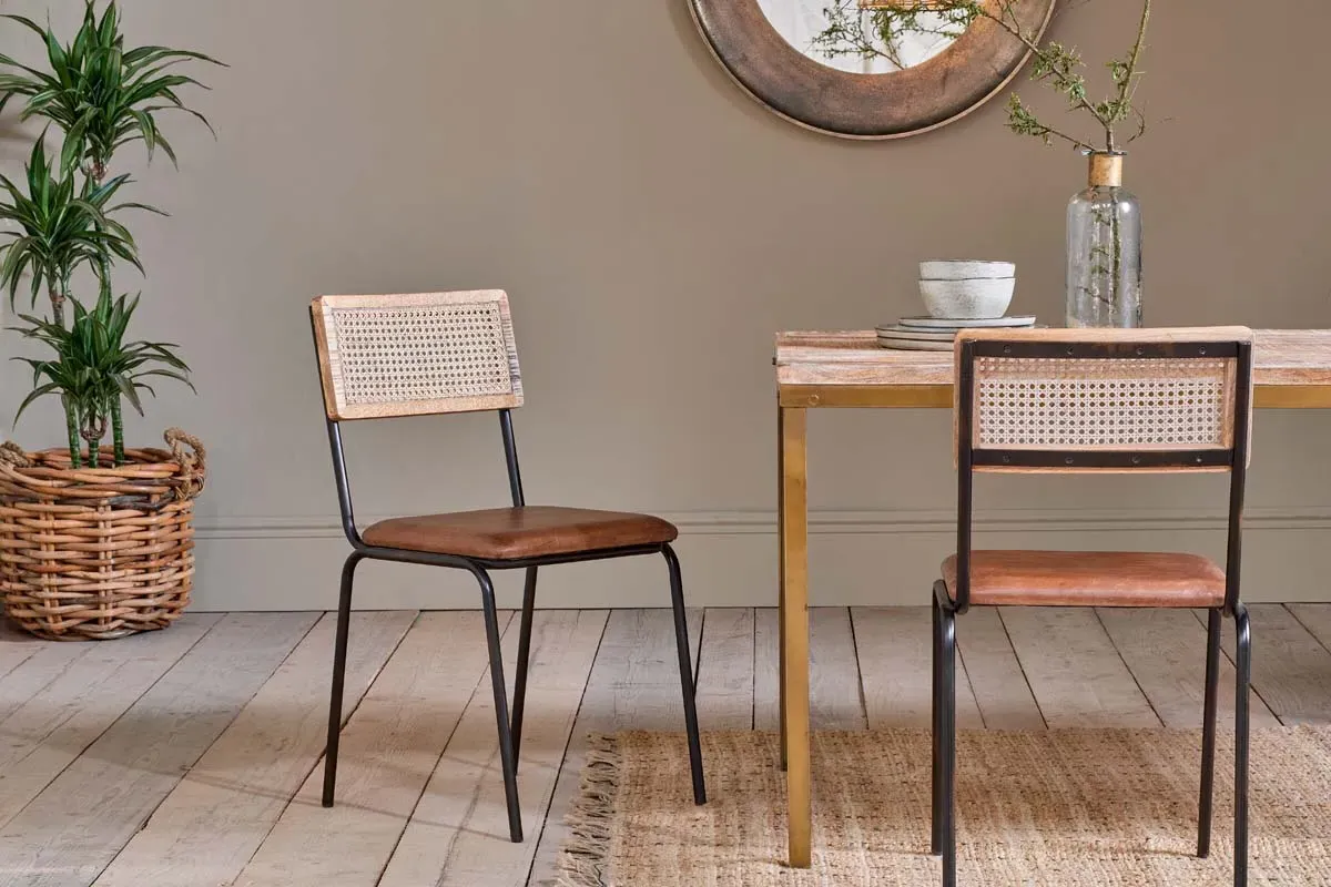 Iswa Leather & Cane Dining Chair - Tan