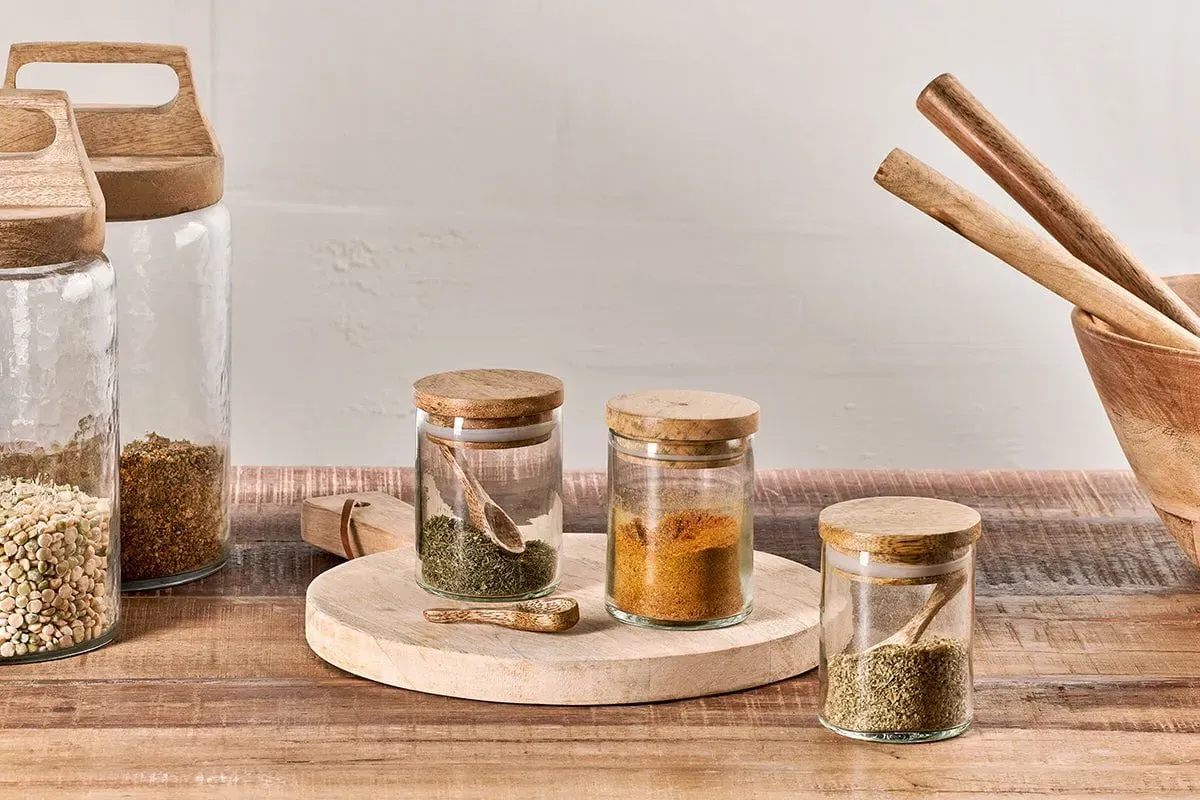 Izaan Spice Jar Set of 3 - Clear, Mango Wood image