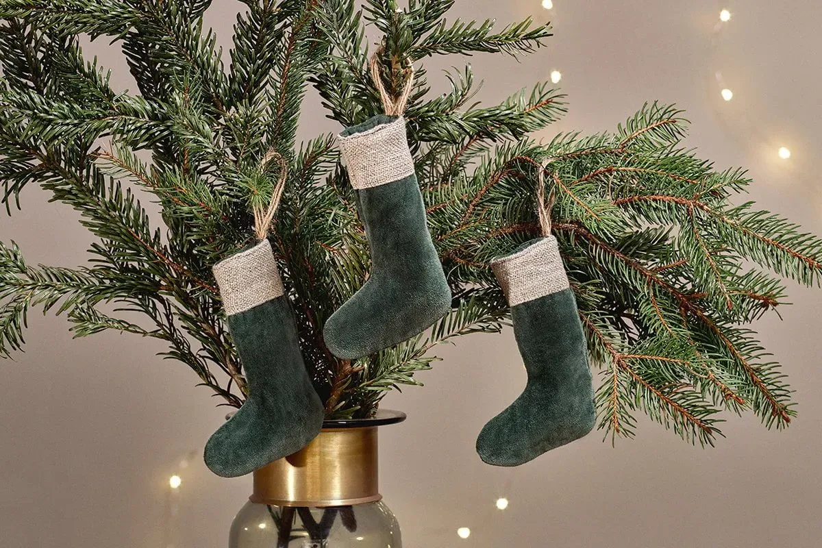 Karru Mini Christmas Stocking Set of 3 - Forest Green, Cotton Velvet image