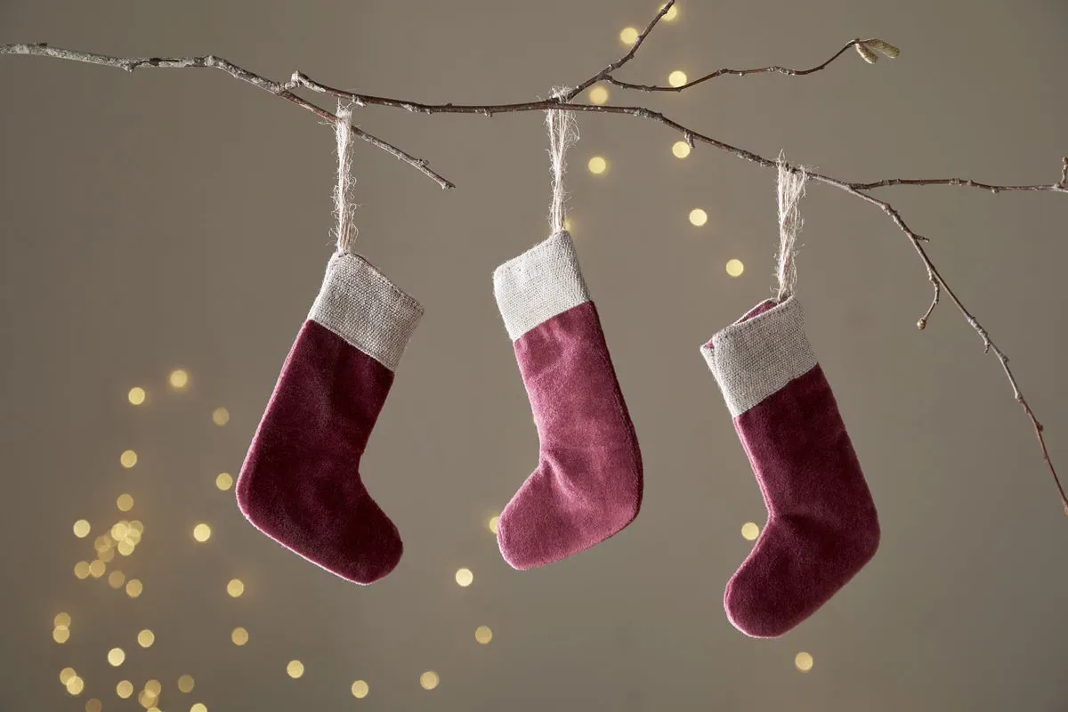 Karru Mini Christmas Stocking Set of 3 - Red, Cotton Velvet by NKUKU