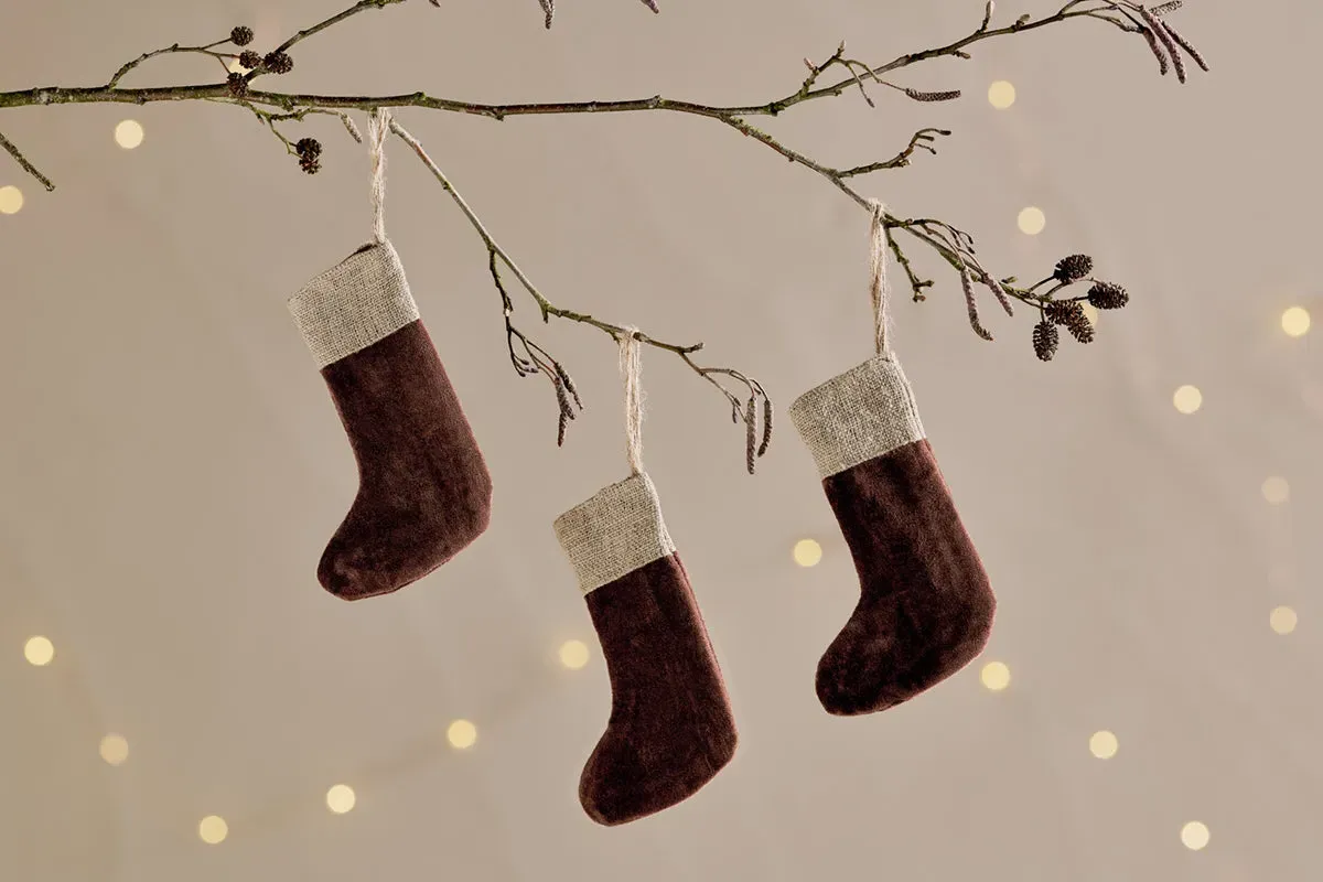 Karru Mini Christmas Stocking Set of 3 - Rich Mocha, Cotton Velvet