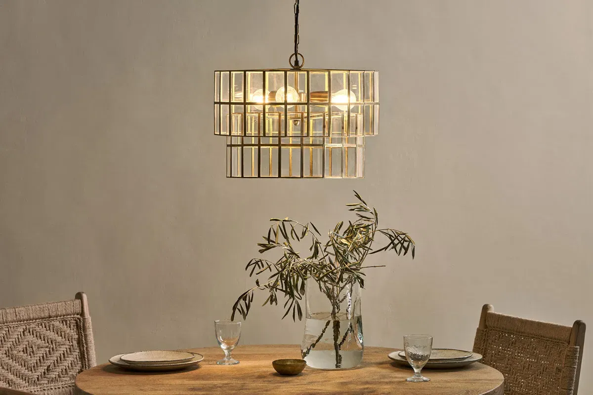 Kirindi Glass Panelled Chandelier - Clear, Antique Brass