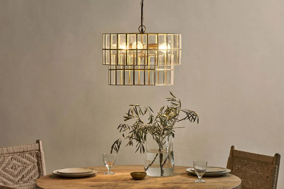 Kirindi Glass Panel Chandelier - Antique Brass, Clear Glass product